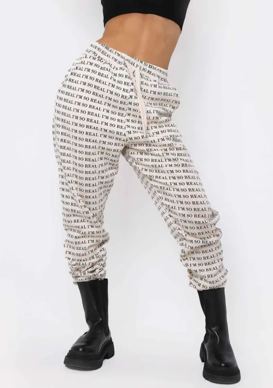 Adele Cream I'm Real Slogan Joggers sold by Missy Empire