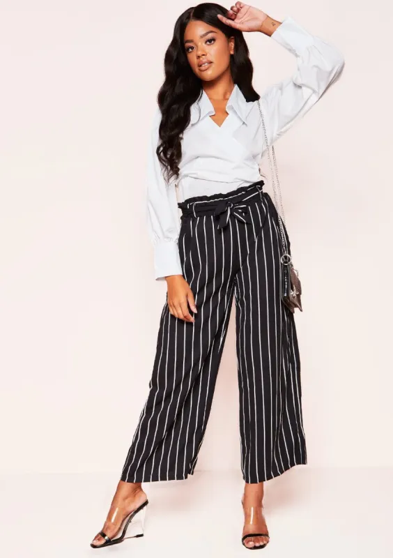 Briella Black Pinstripe Paperbag Wide Leg Trousers sold by Missy Empire