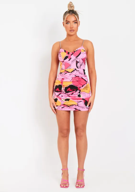 Fatima Pink Abstract Printed Ruched Chain Strap Mini Dress sold by Missy Empire