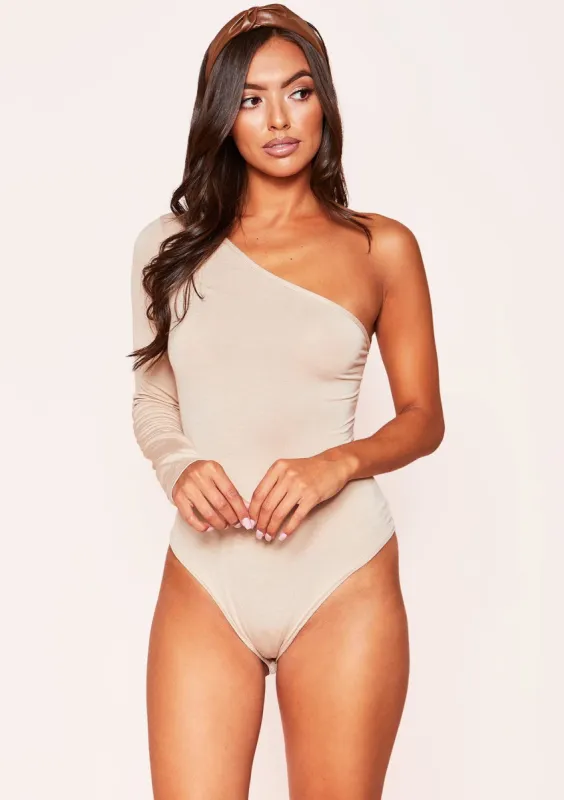 Rachel Beige One Shoulder Bodysuit sold by Missy Empire
