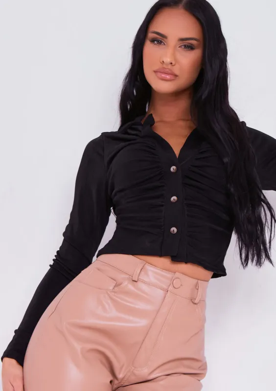 Alishia Black Long Sleeve Button Up Ruched Acetate Slinky Top made by Missy Empire