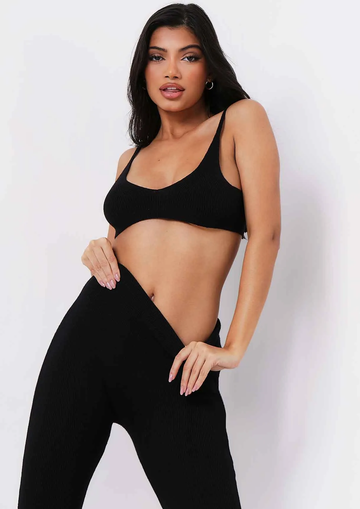 Saffron Black Knitted Rib Plunge Bralet sold by Missy Empire