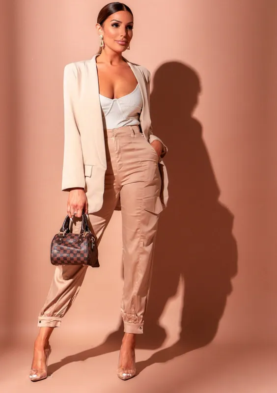 Briella Beige Satin Cargo Trousers made by Missy Empire