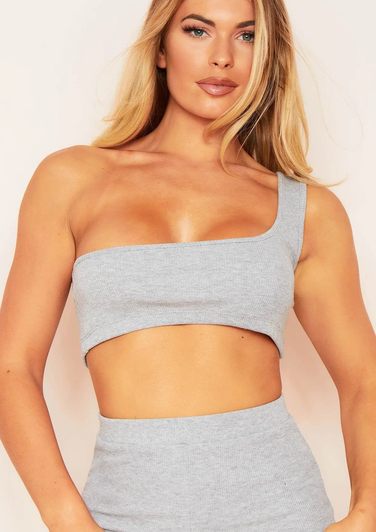 Mabel Grey One Shoulder Ribbed Crop Top sold by Missy Empire