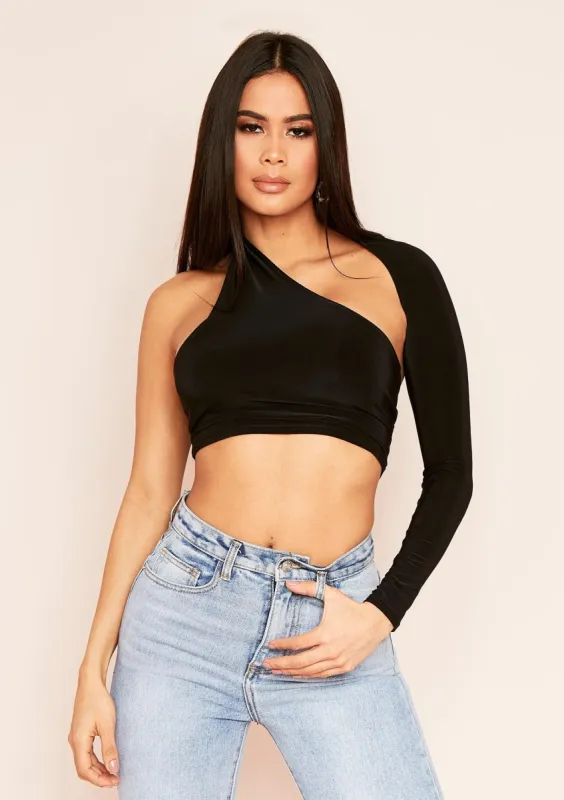 Sam Black One Shoulder Long Sleeve Crop Top sold by Missy Empire