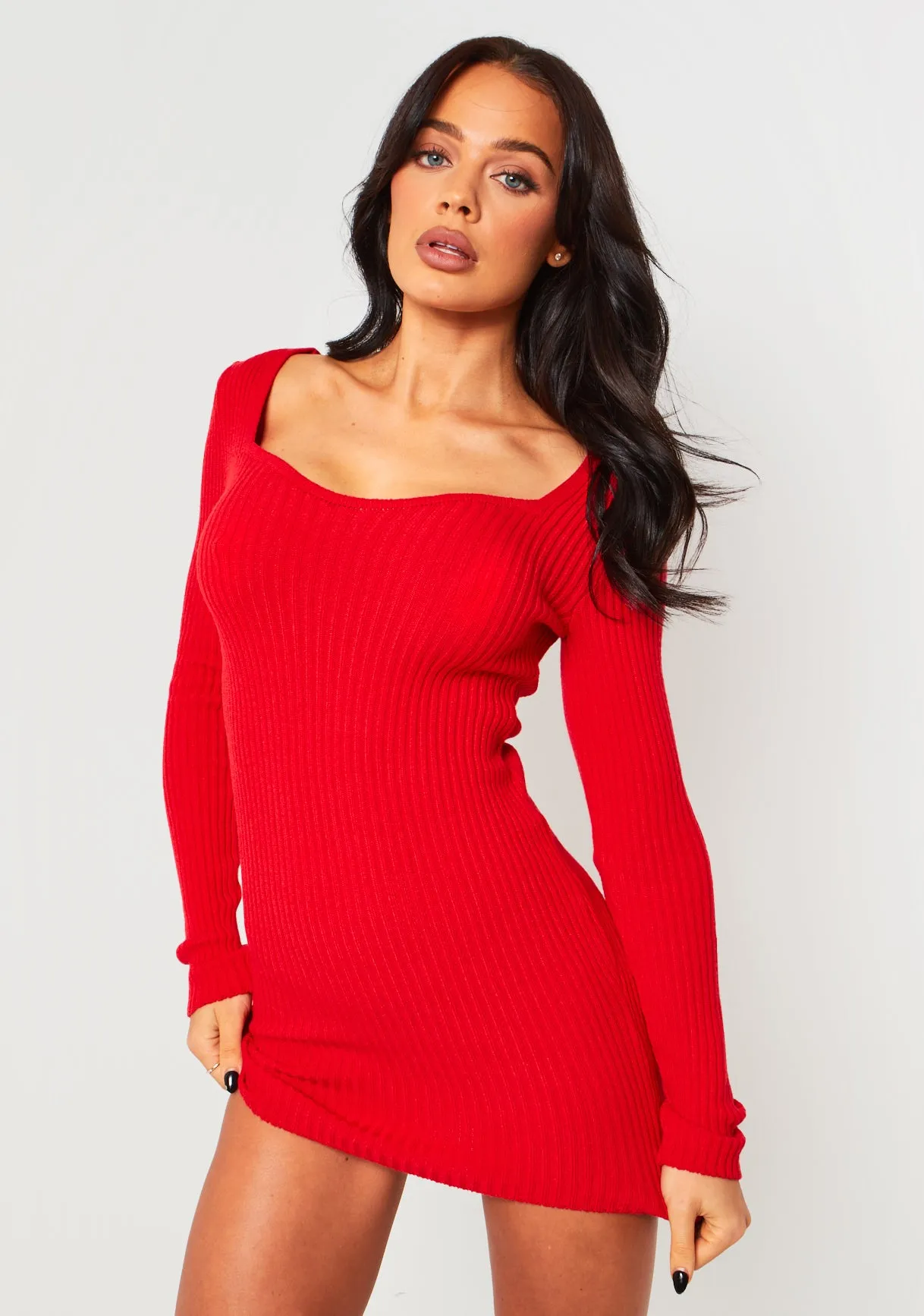 Carrie Red Knit Sweetheart Neckline Mini Dress sold by Missy Empire product image thumbnail 4