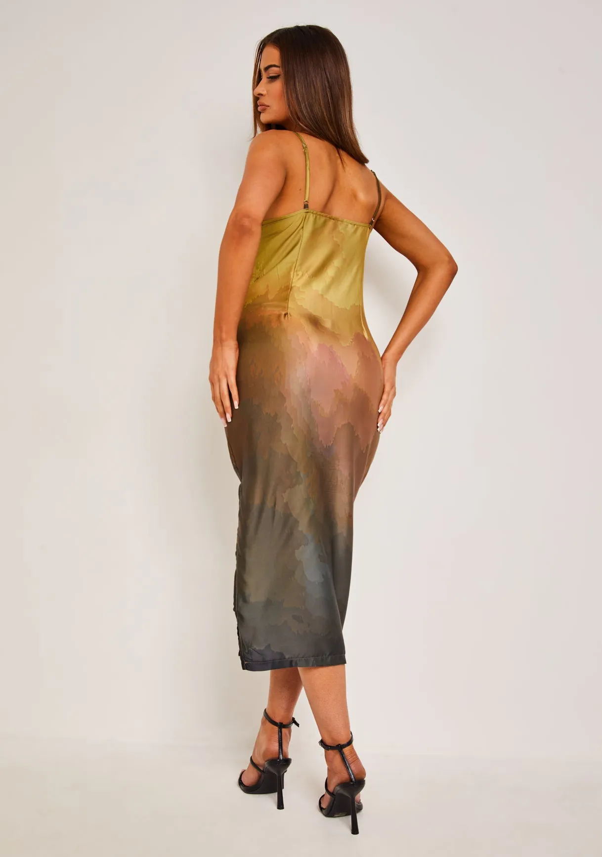 Trisha Olive Print Satin Print Cowl Midi Dress sold by Missy Empire product image thumbnail 3