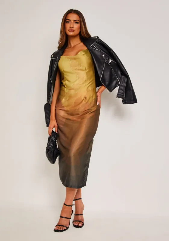 Trisha Olive Print Satin Print Cowl Midi Dress made by Missy Empire