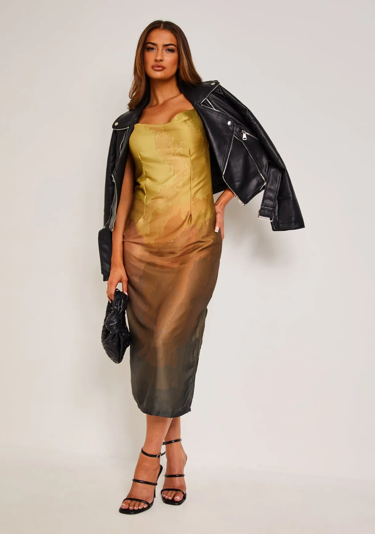 Trisha Olive Print Satin Print Cowl Midi Dress sold by Missy Empire