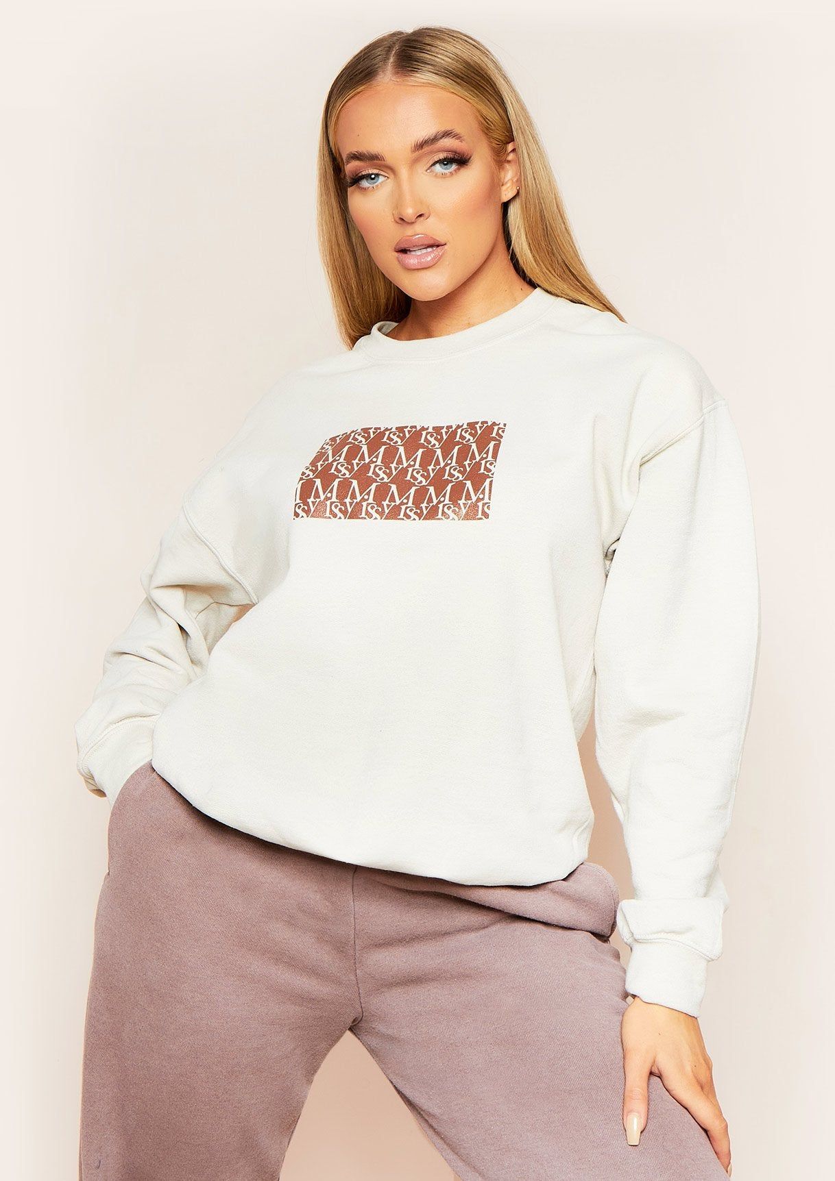 Hallie Sand Missy Empire Repeat Slogan Oversized Sweatshirt sold by Missy Empire
