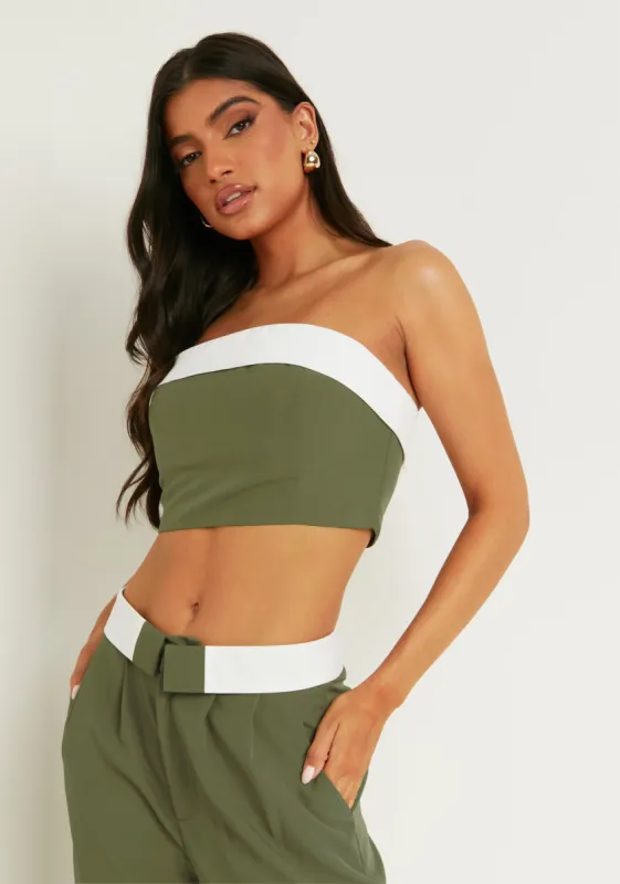 Kaysie Khaki Fold Over Bandeau Top sold by Missy Empire
