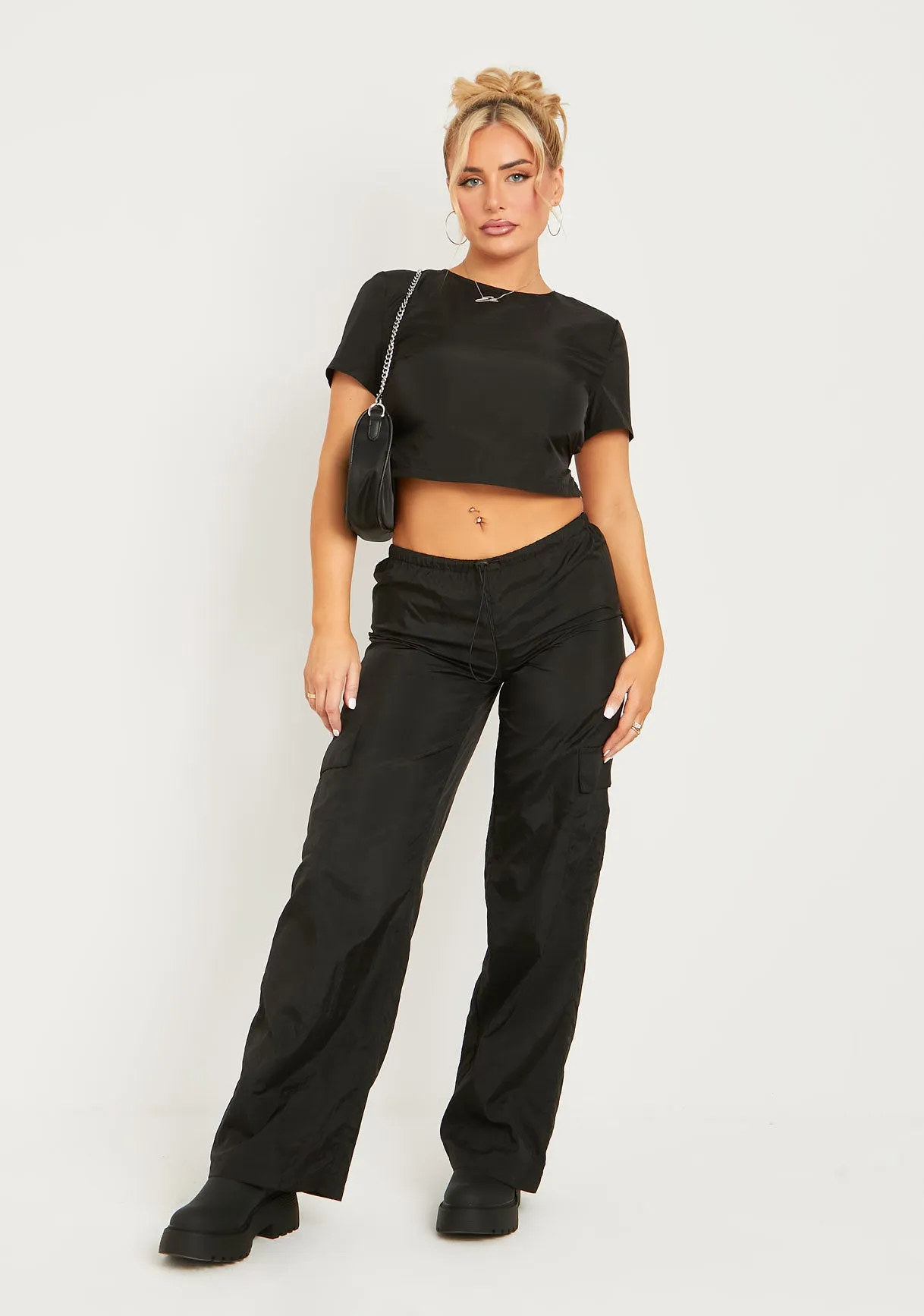 Grace Black Parachute Cargo Trousers sold by Missy Empire
