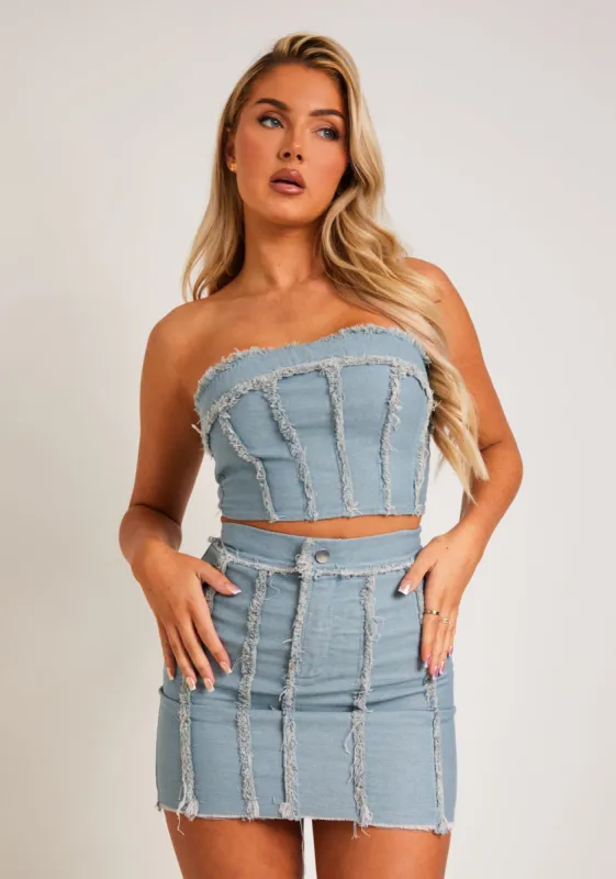 Tilly Pastel Blue Distressed Denim Corset Top sold by Missy Empire