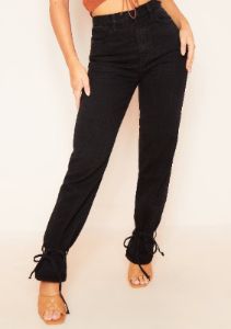 Josie Black Denim Tie Hem Straight Leg Jeans sold by Missy Empire