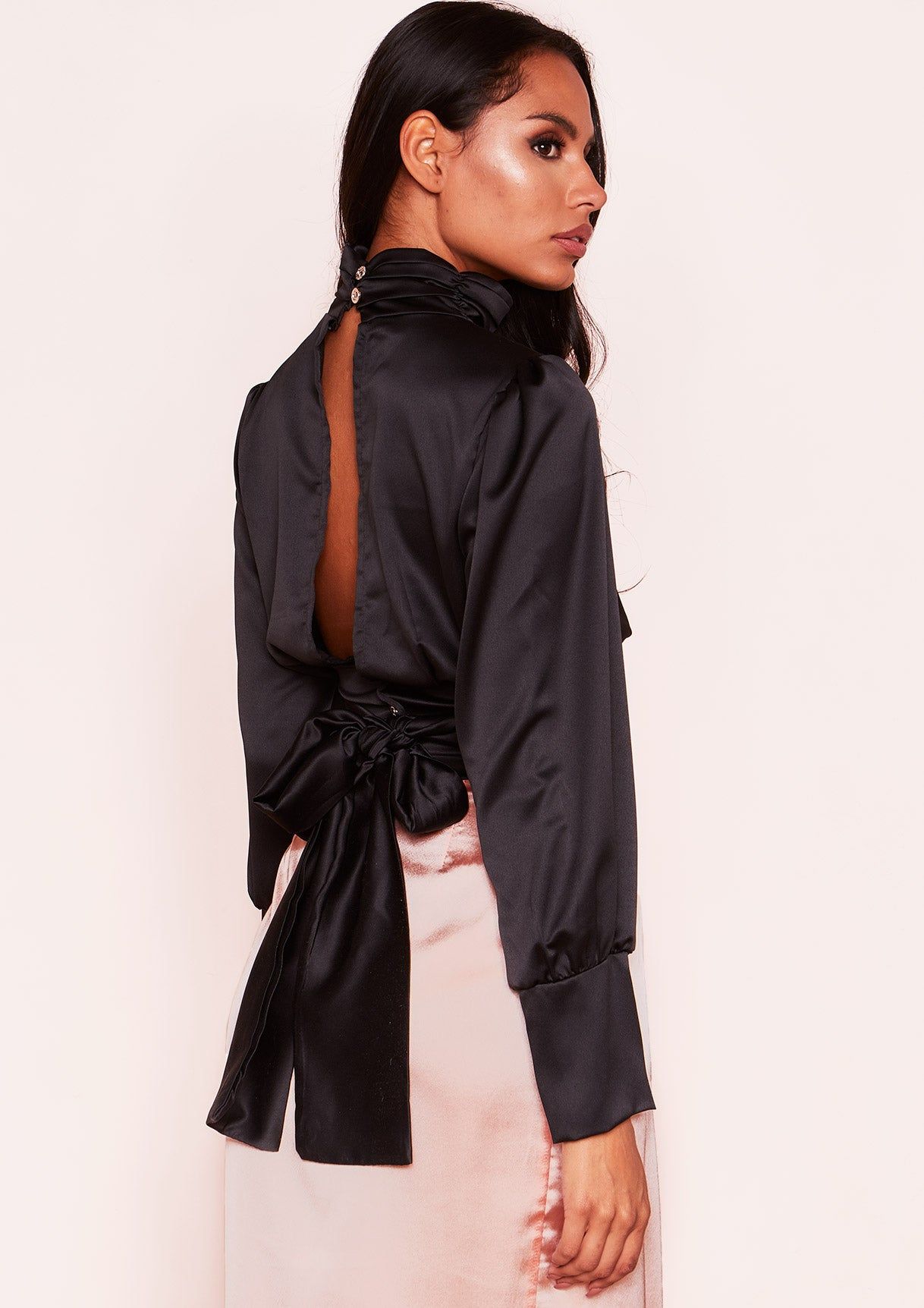 Linda Black Satin Cut Out Tie Back Top sold by Missy Empire product image thumbnail 3