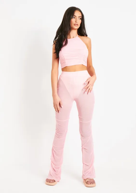 Araminta Pink Mesh Tack Side Flare Trouser sold by Missy Empire