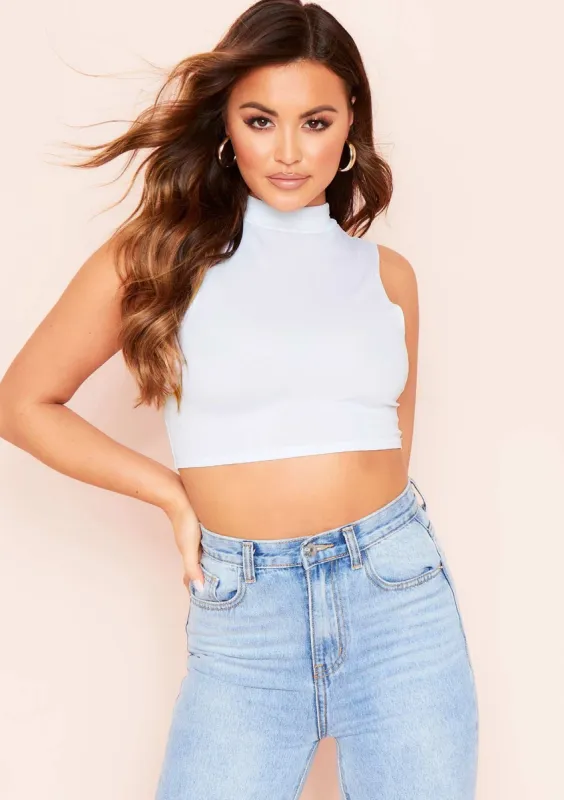 Kylee White High Neck Racer Crop Top sold by Missy Empire