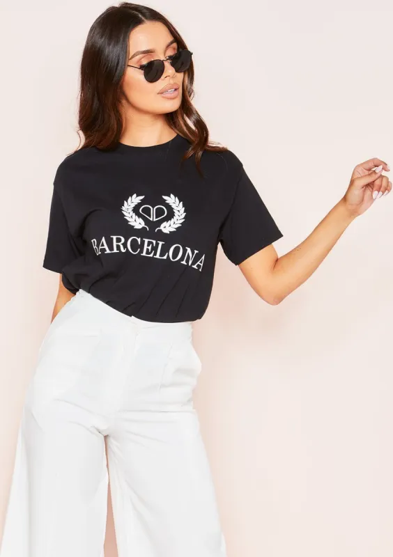 Stella Black Barcelona Graphic Oversized T-Shirt sold by Missy Empire