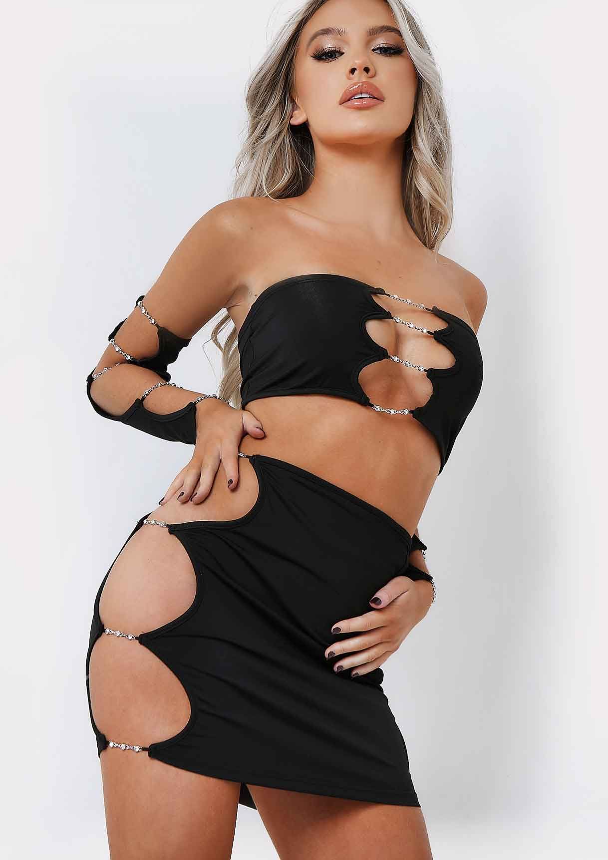 Immie Black Jewel Crop Top Cut Out With Separate Sleeves sold by Missy Empire