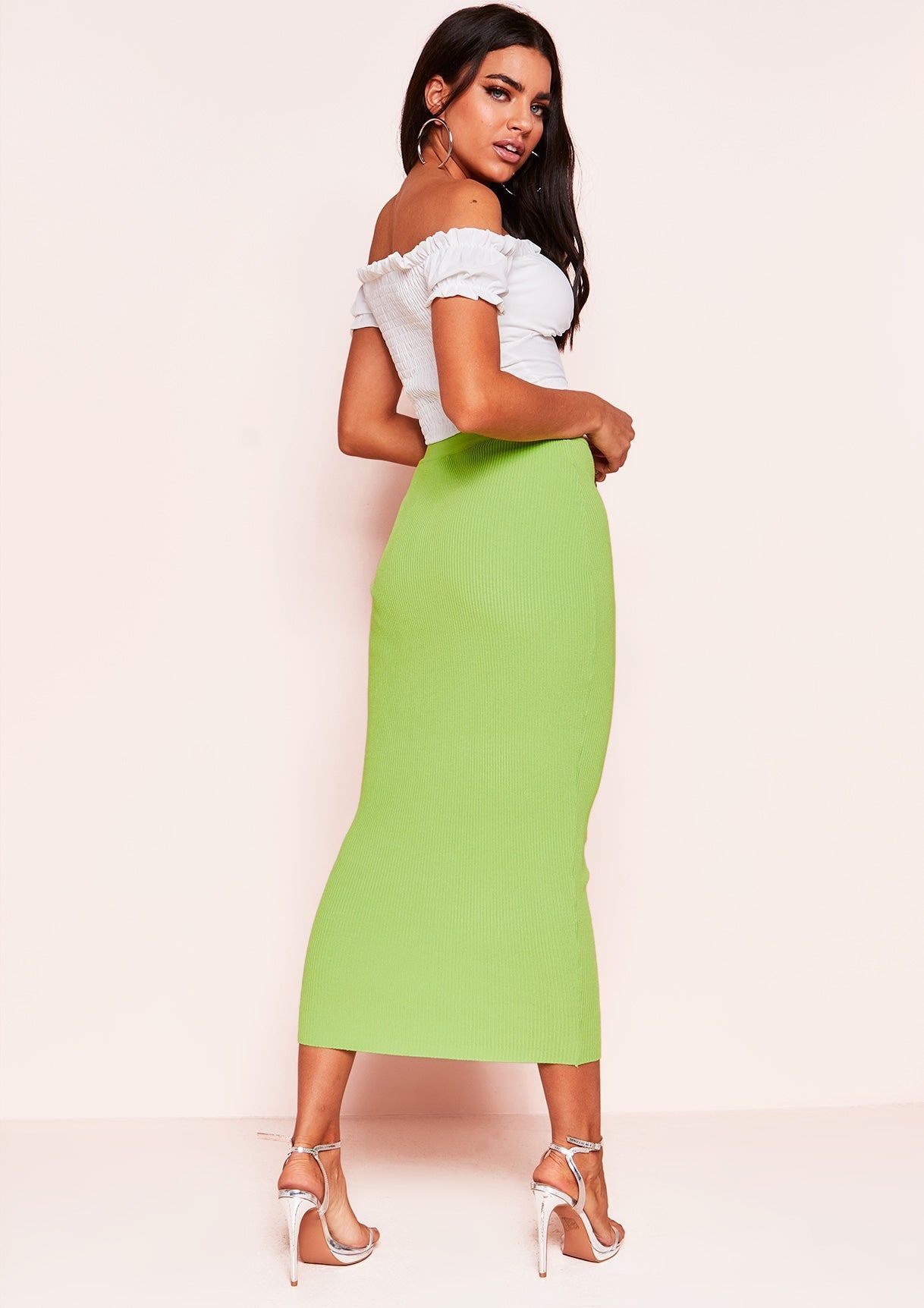 Coco Lime Green Ribbed Knit Midi Skirt sold by Missy Empire product image thumbnail 2