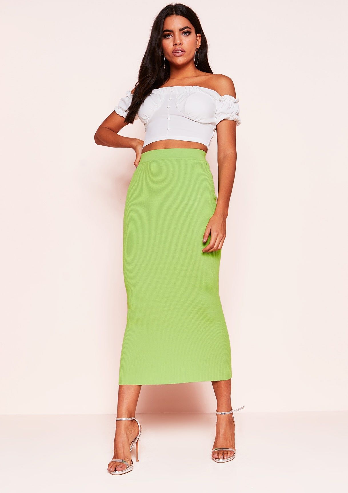 Coco Lime Green Ribbed Knit Midi Skirt sold by Missy Empire