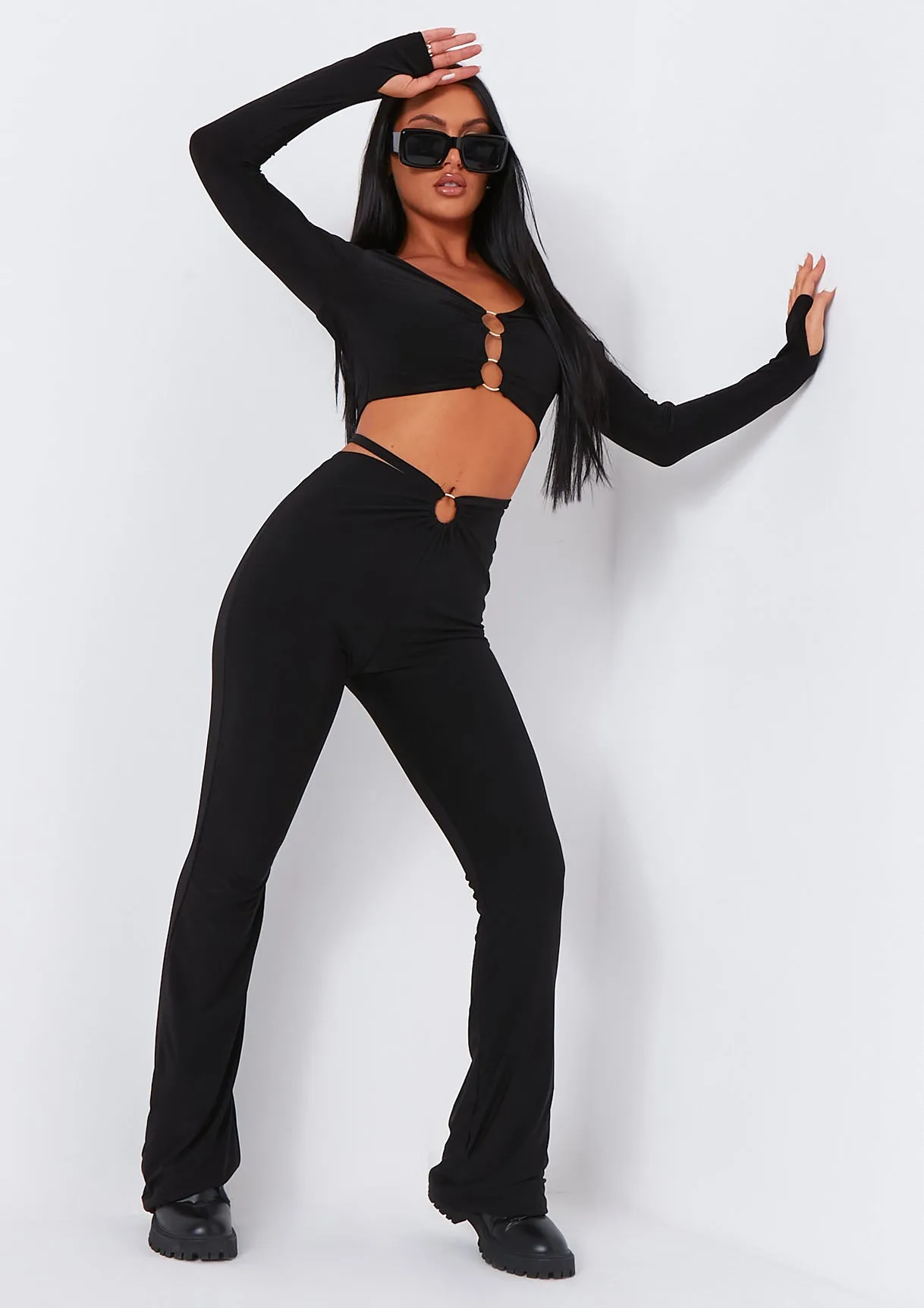 Trisha Black Ring Detail Waist Strap Flared Trouser sold by Missy Empire product image thumbnail 3