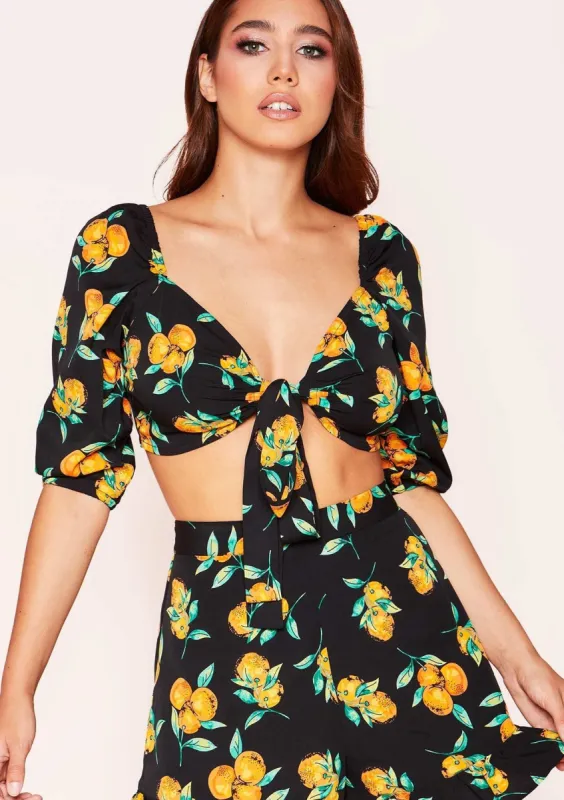 Amber Black Orange Print Tie Front Crop Top sold by Missy Empire