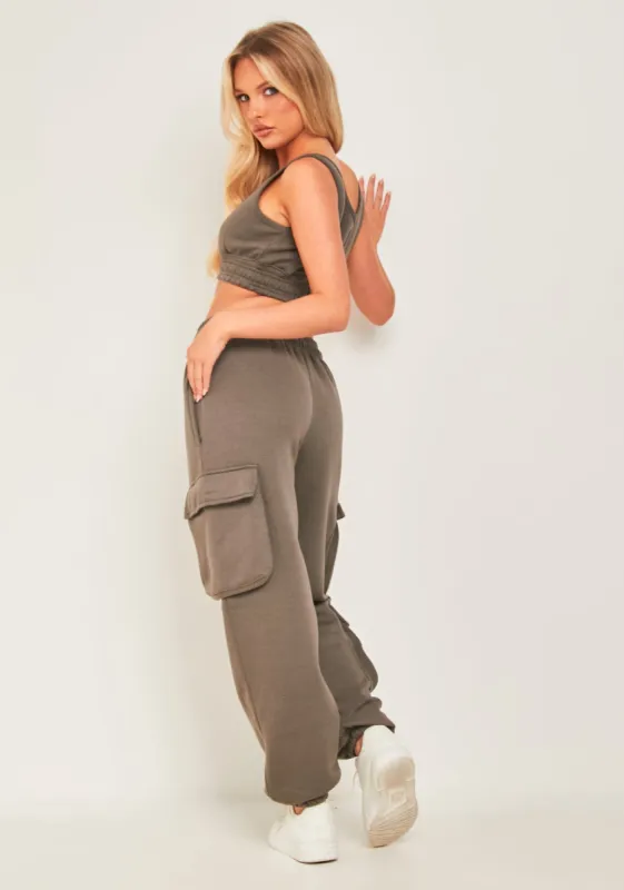 Chloe Dark Taupe Cropped Cargo Tracksuit Set sold by Missy Empire