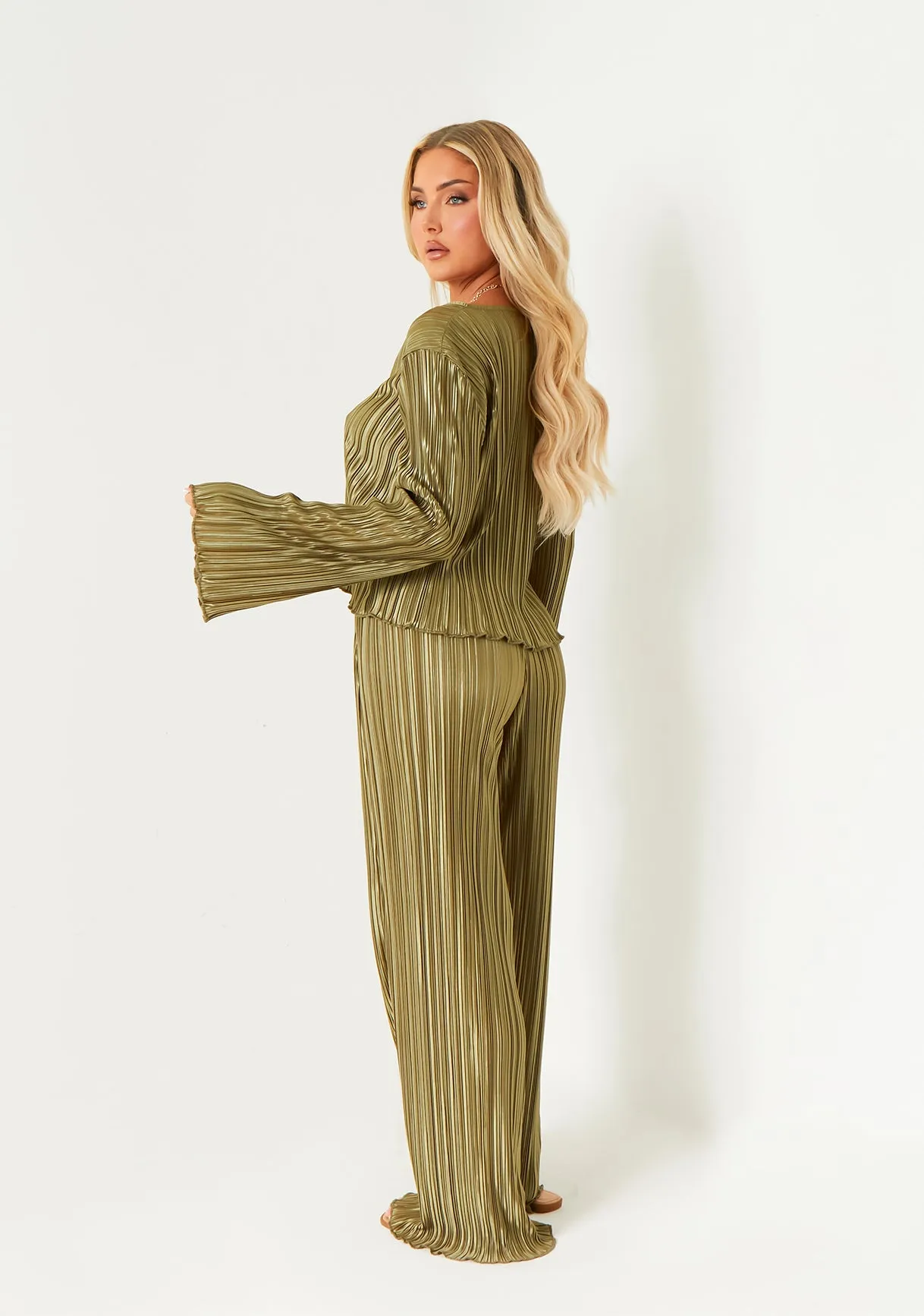 Rosie Khaki Plisse Wide Leg Trouser sold by Missy Empire product image thumbnail 3