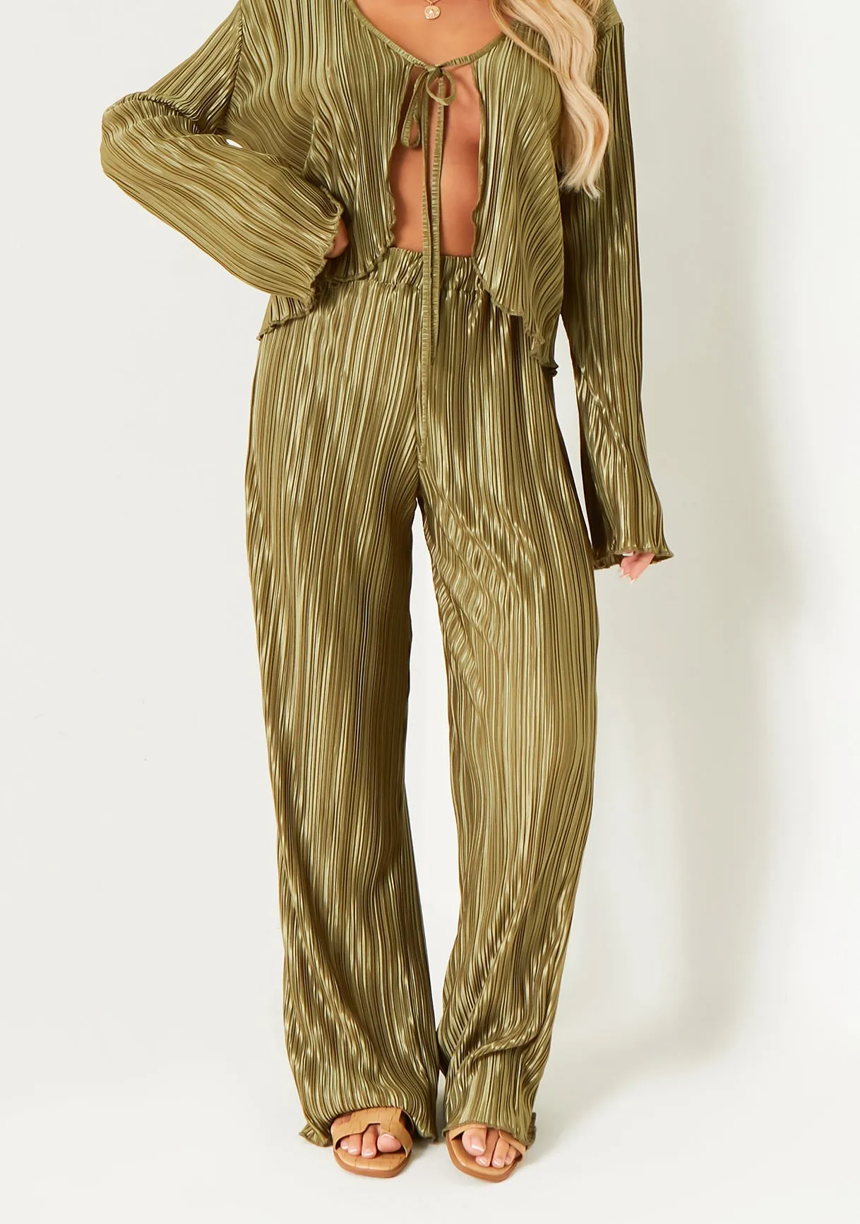 Rosie Khaki Plisse Wide Leg Trouser sold by Missy Empire product image thumbnail 2