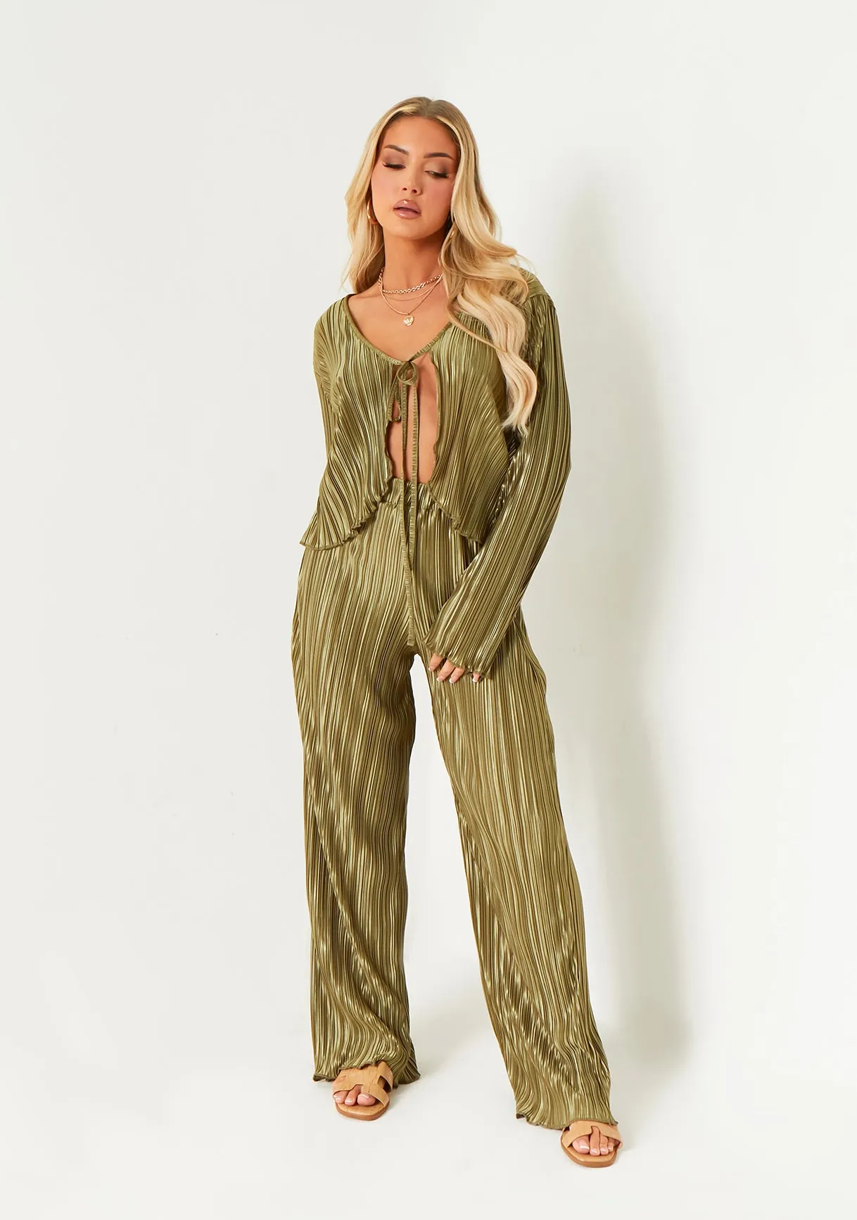 Rosie Khaki Plisse Wide Leg Trouser sold by Missy Empire