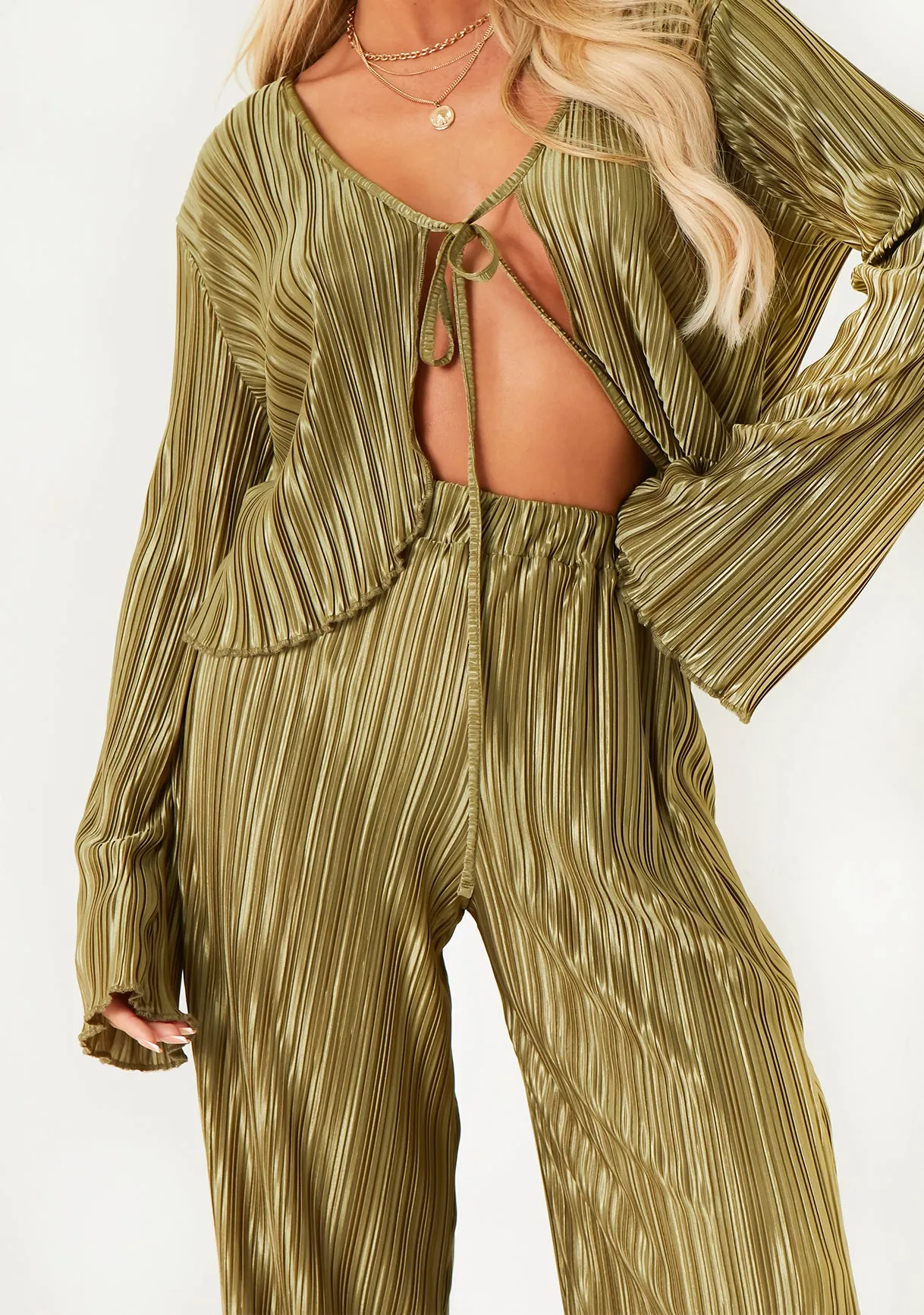 Rosie Khaki Plisse Wide Leg Trouser sold by Missy Empire product image thumbnail 4