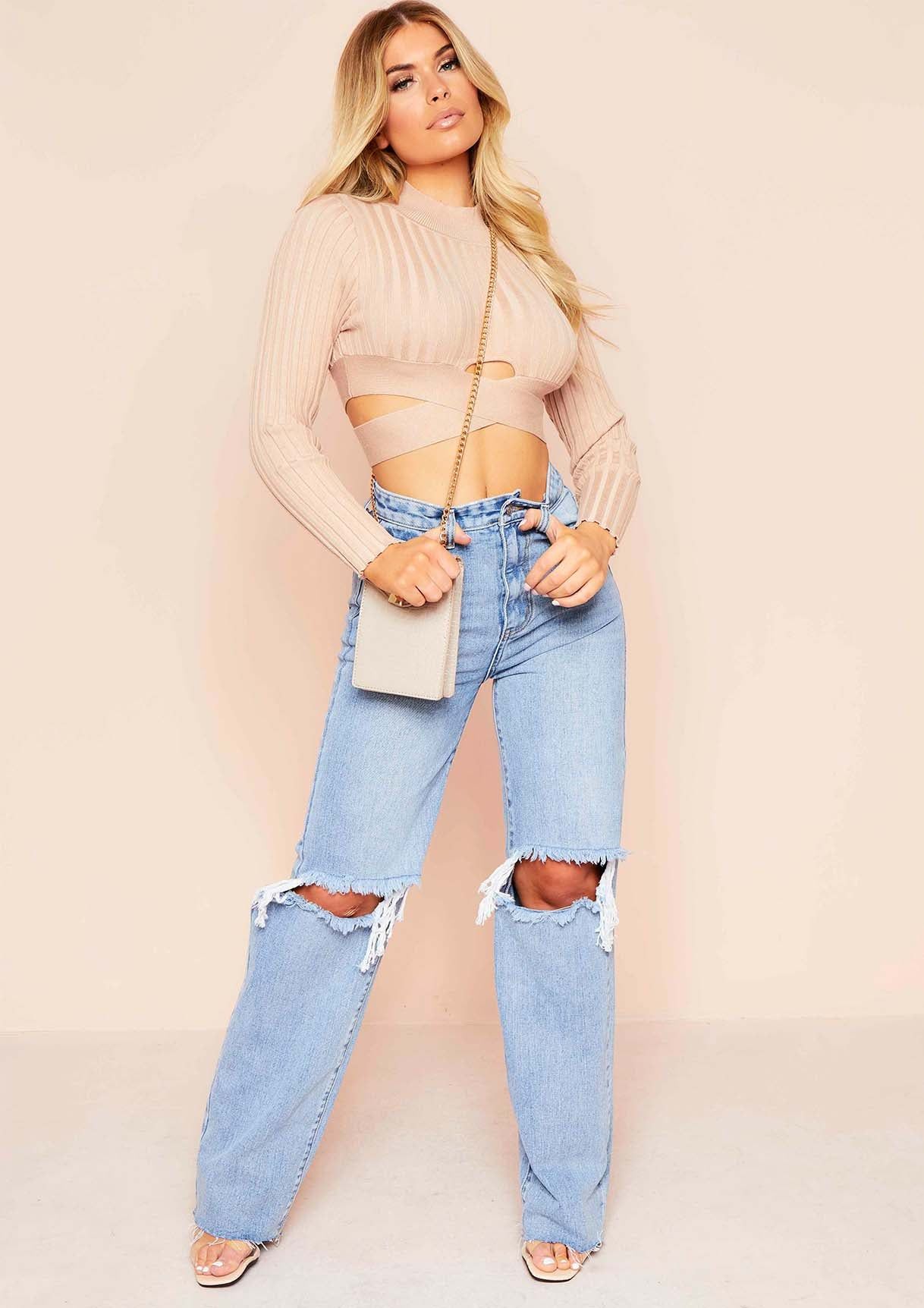 Zoey Beige Ribbed Knit Cut Out Crop Top sold by Missy Empire product image thumbnail 4