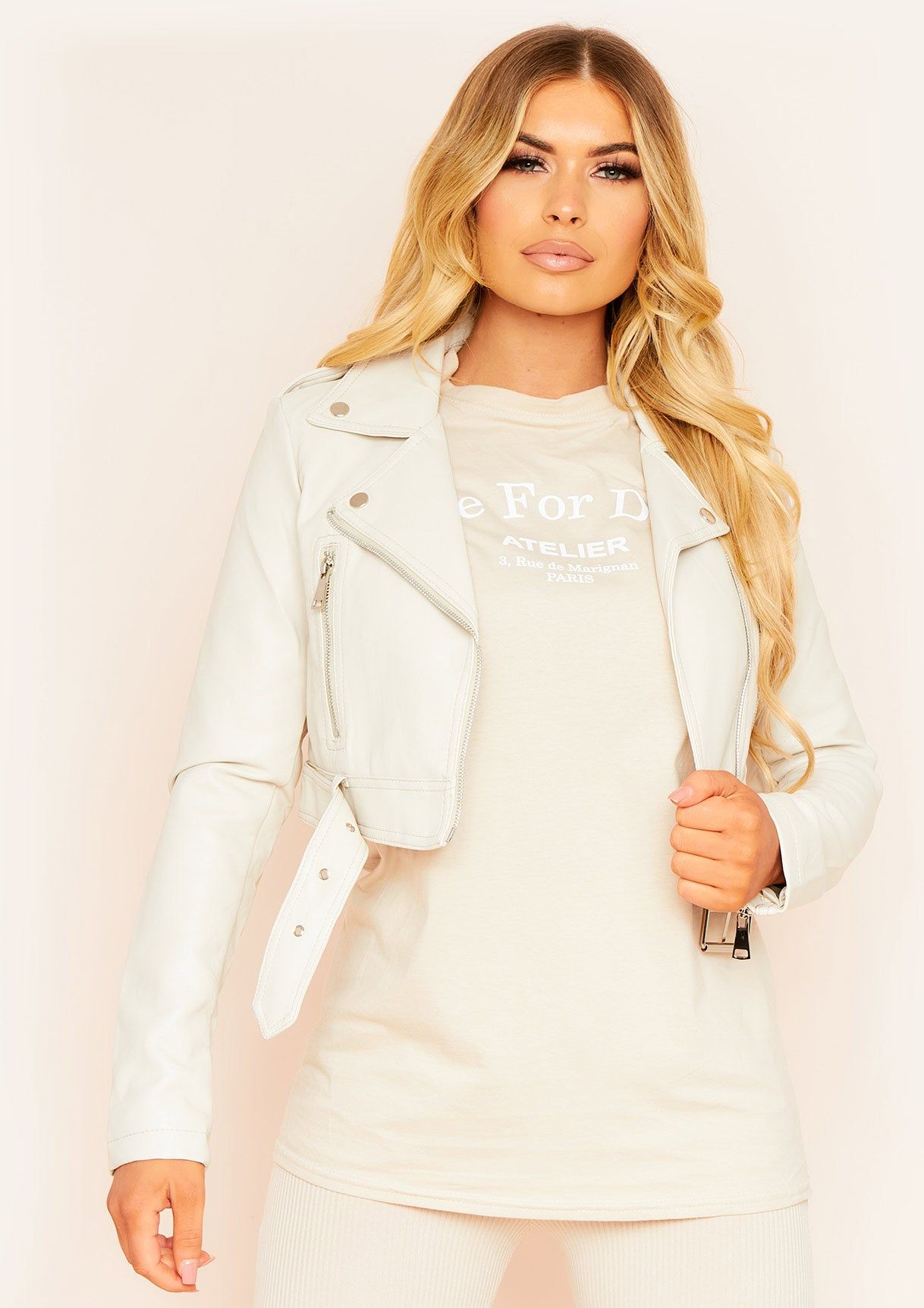 Armina Beige Cropped PU Biker Jacket sold by Missy Empire