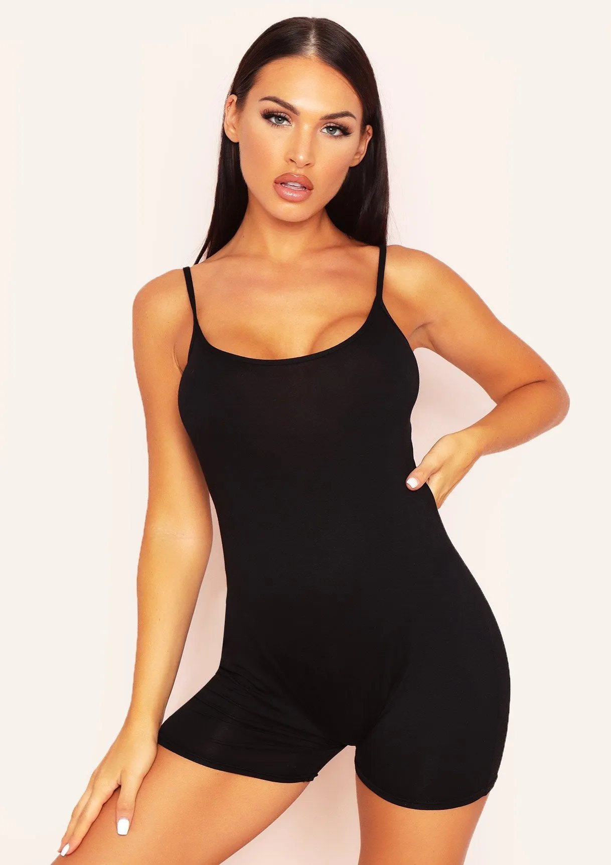 Ellen Black Strappy Scoop Neck Unitard sold by Missy Empire
