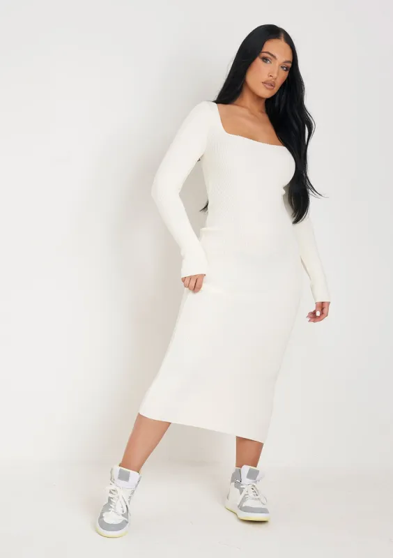 Kim Cream Knit Square Neck Long Sleeve Midi Dress sold by Missy Empire