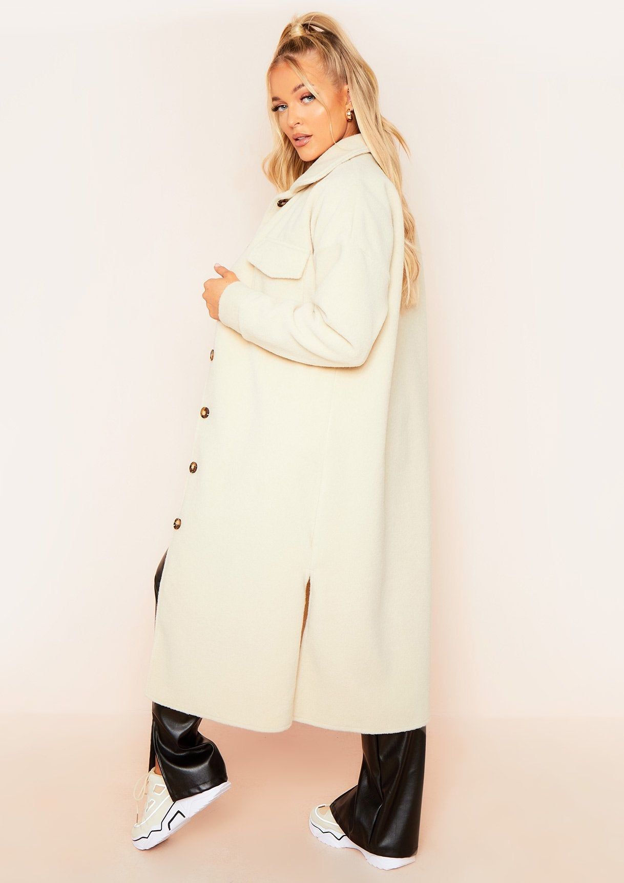 Reana Cream Pocket Front Longline Shacket sold by Missy Empire product image thumbnail 4