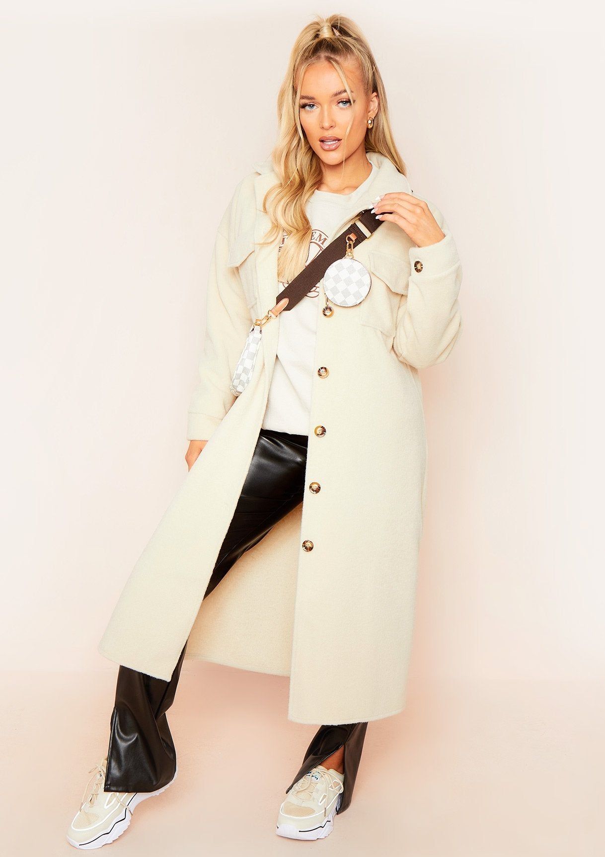 Reana Cream Pocket Front Longline Shacket sold by Missy Empire