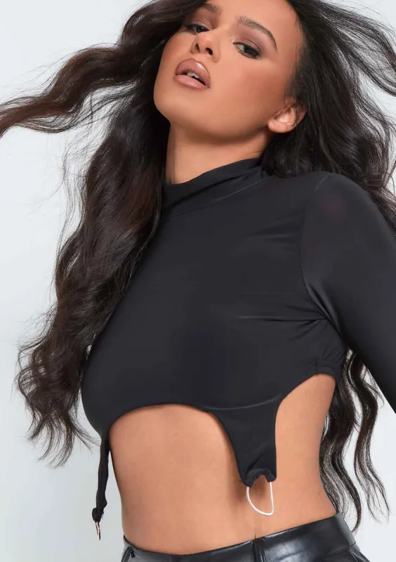 Maisy Black Long Sleeve D Ring Slinky Crop Top sold by Missy Empire