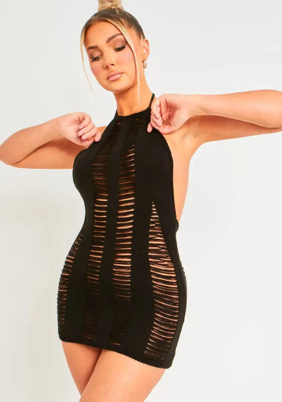 Adriana Black Halter Neck Laddered Knit Dress sold by Missy Empire