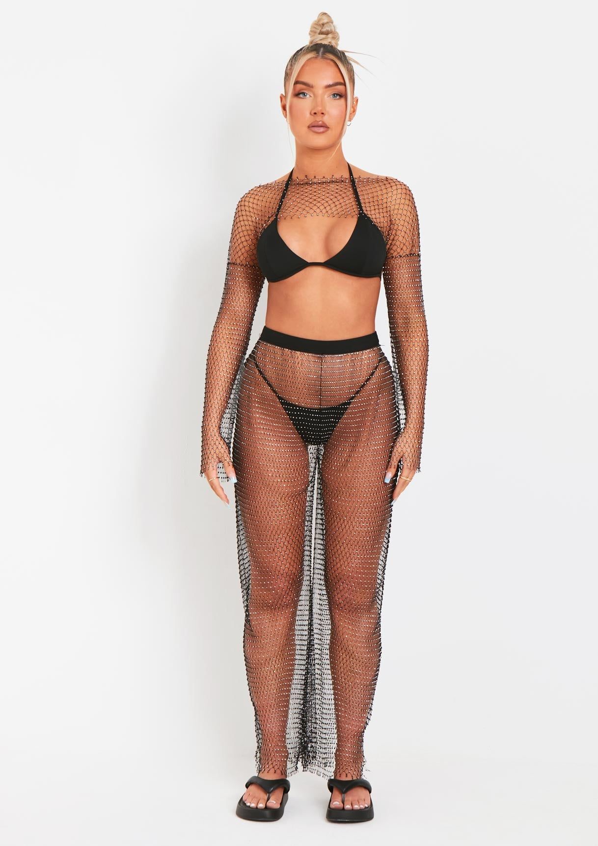 Lashan Black Diamante Net Wide Leg Trousers sold by Missy Empire