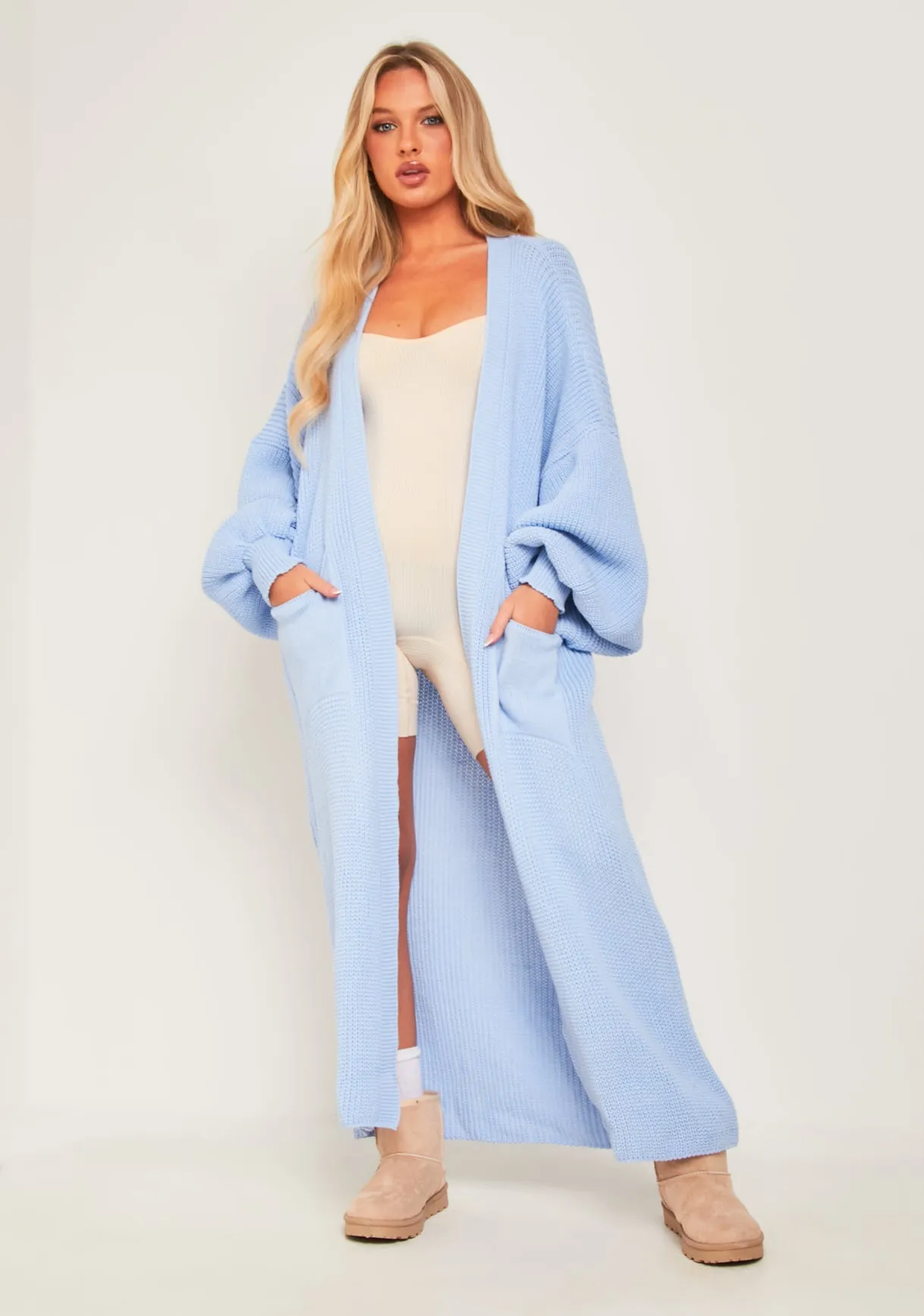 Nathalie Blue Balloon Sleeve Knitted Cardigan sold by Missy Empire