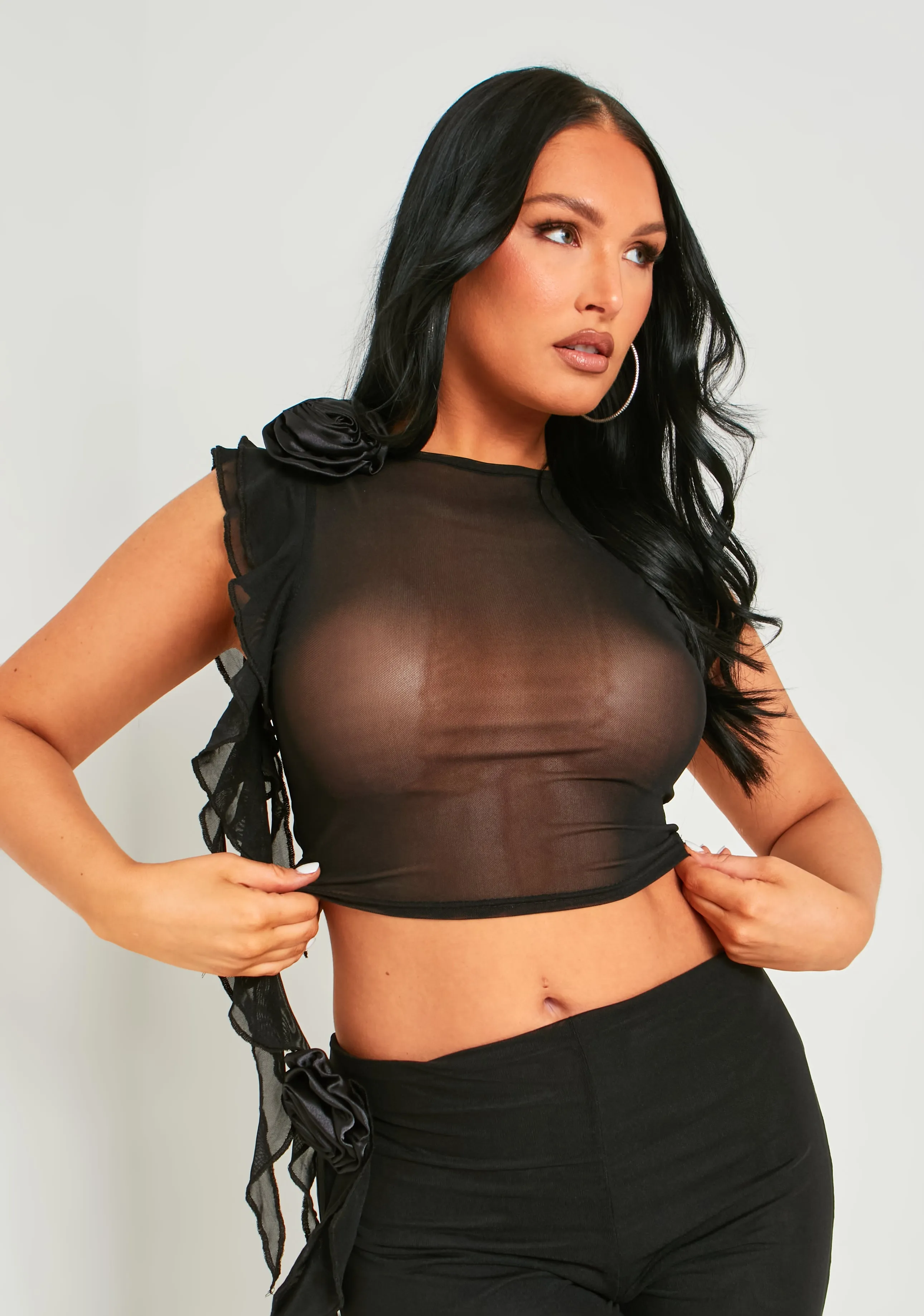 Jessica Black Flower Mesh Top sold by Missy Empire