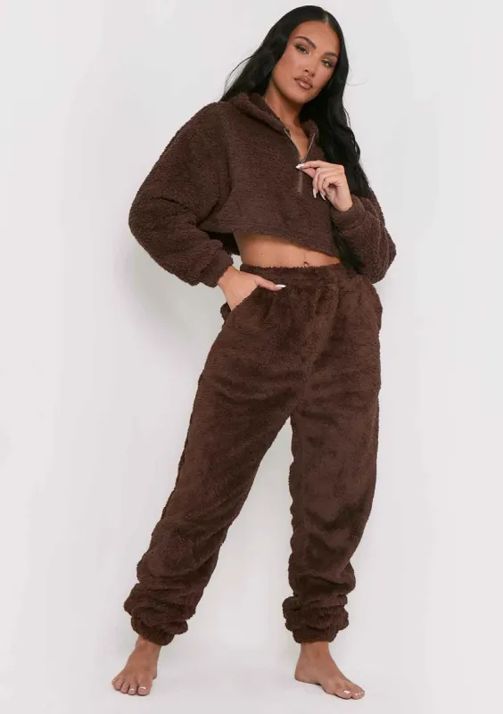 Yasmine Chocolate Fluffy Teddy Borg Casual Oversized Joggers sold by Missy Empire