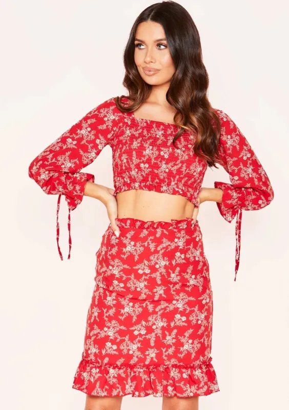 Ruth Red Floral Print Smock Crop Top sold by Missy Empire