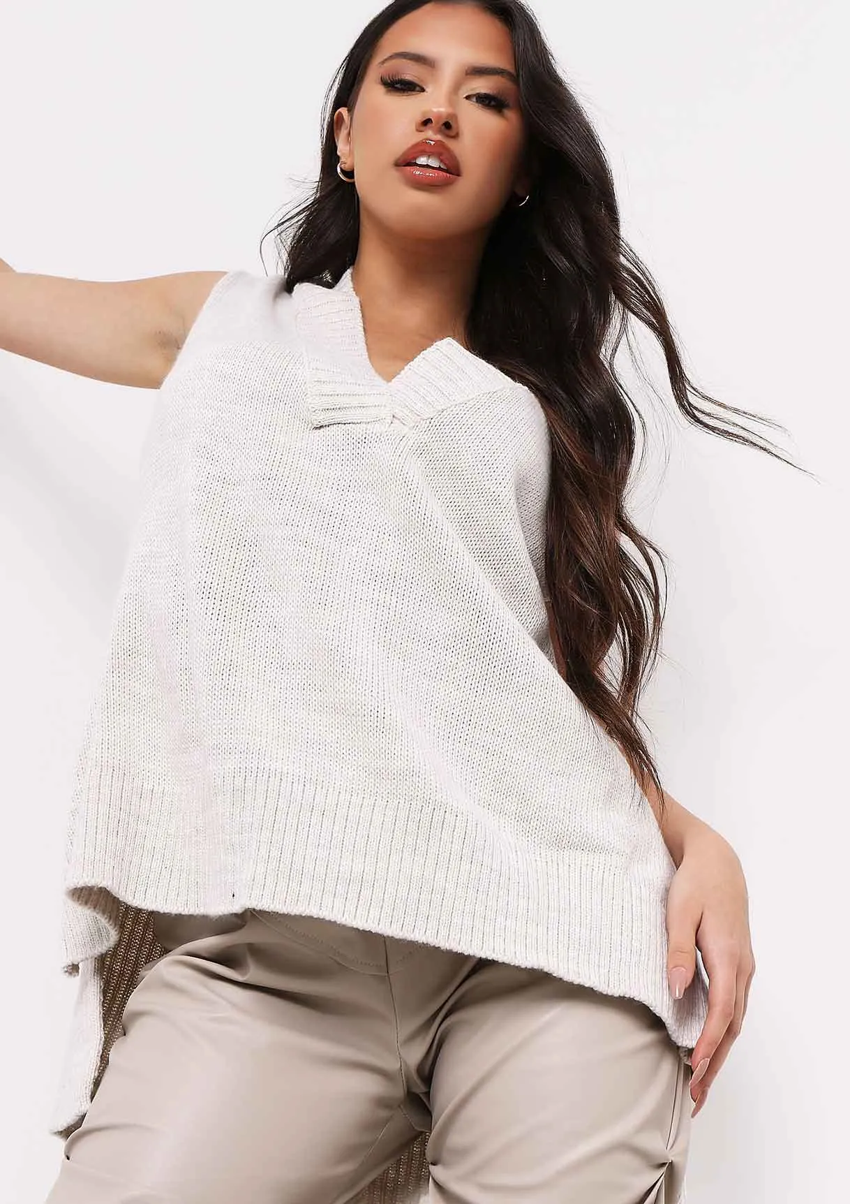 Cassey Beige Knitted Vest Top sold by Missy Empire