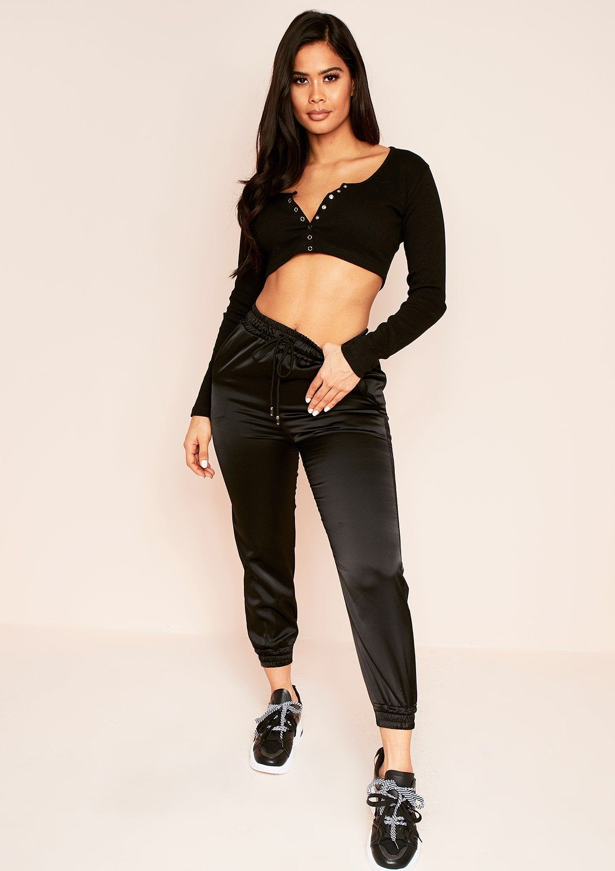 Keesha Black Satin Cargo Trousers sold by Missy Empire product image thumbnail 4