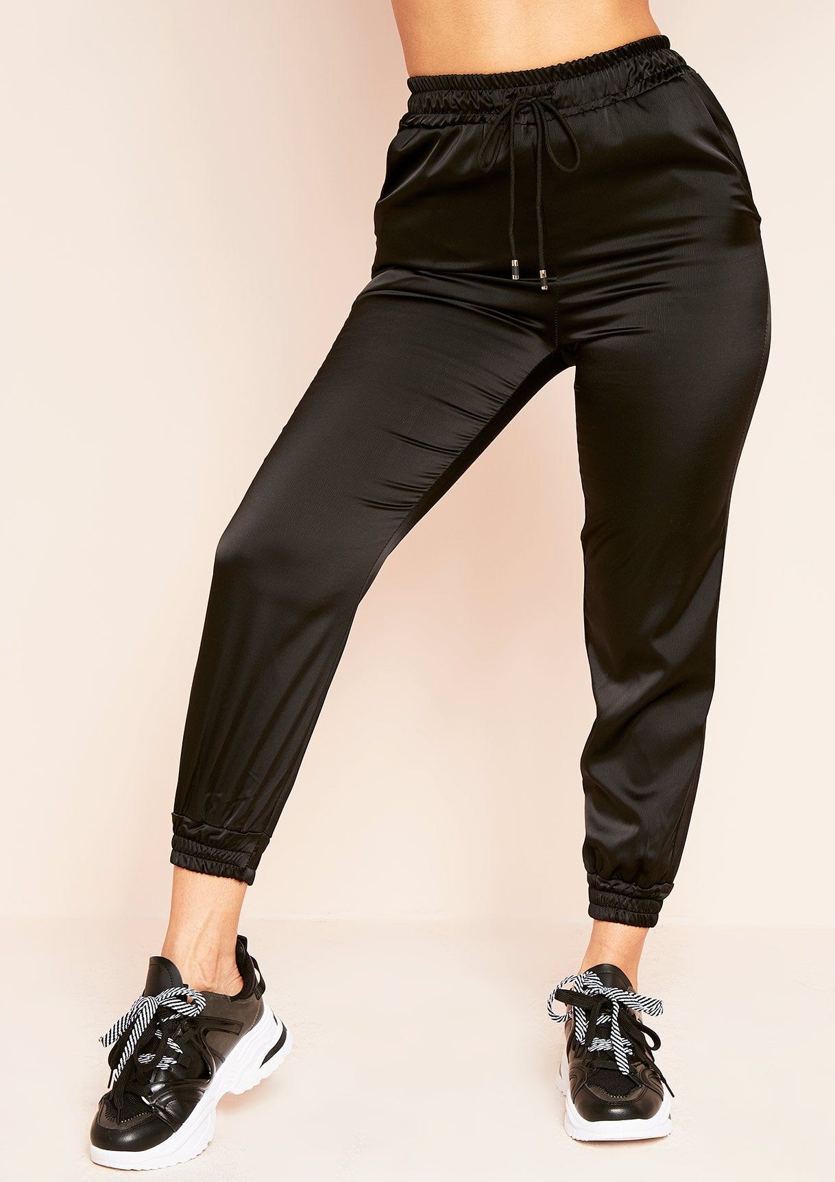 Keesha Black Satin Cargo Trousers sold by Missy Empire