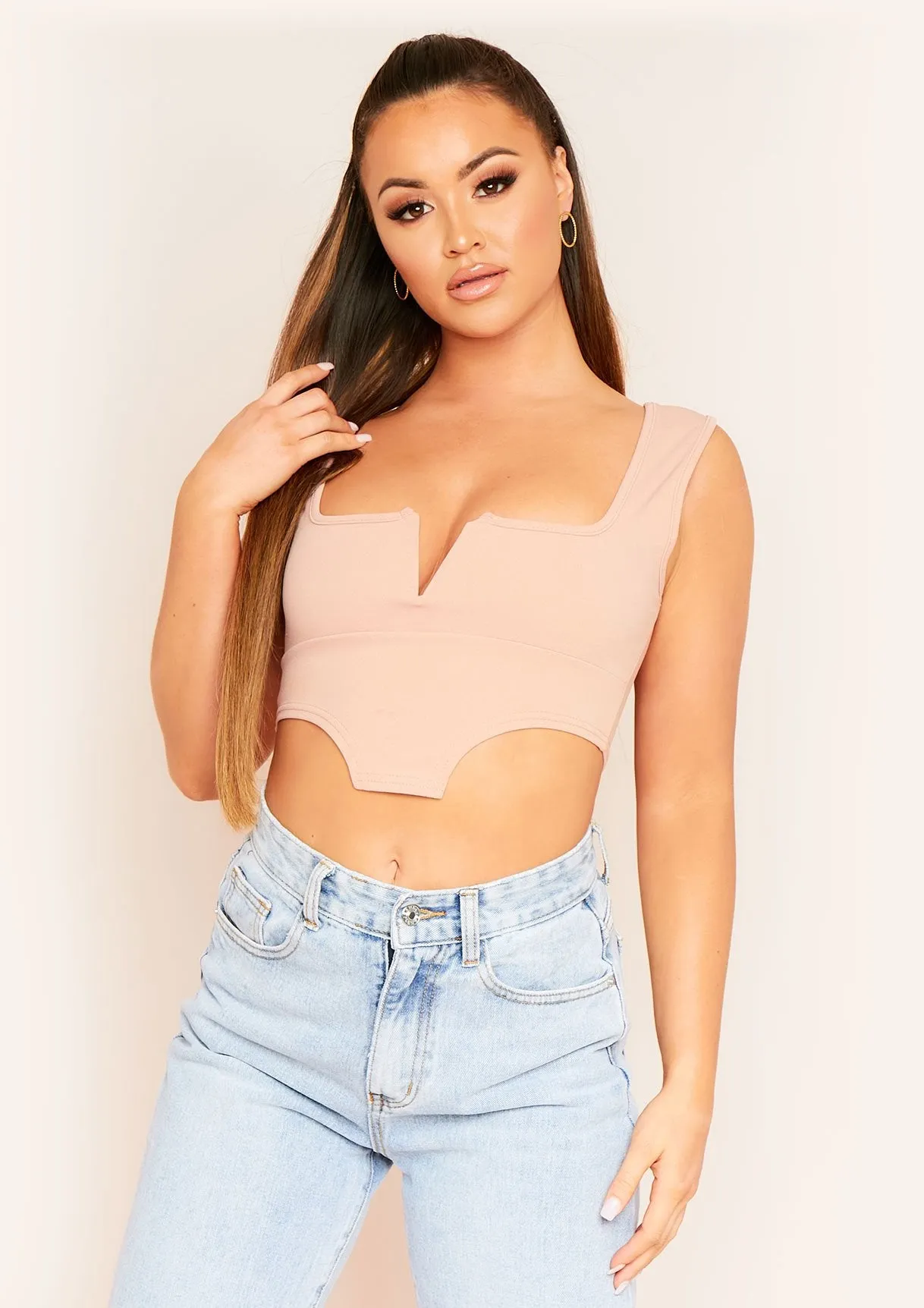 Celestina Rose Pink V Bar Square Neck Corset Crop Top sold by Missy Empire