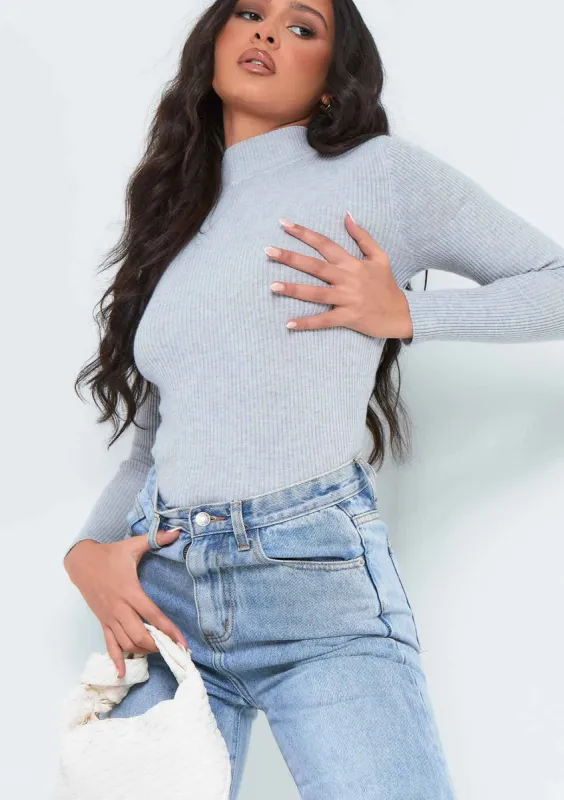 Kelsie Grey Ribbed Knit High Neck Long Sleeve Top sold by Missy Empire